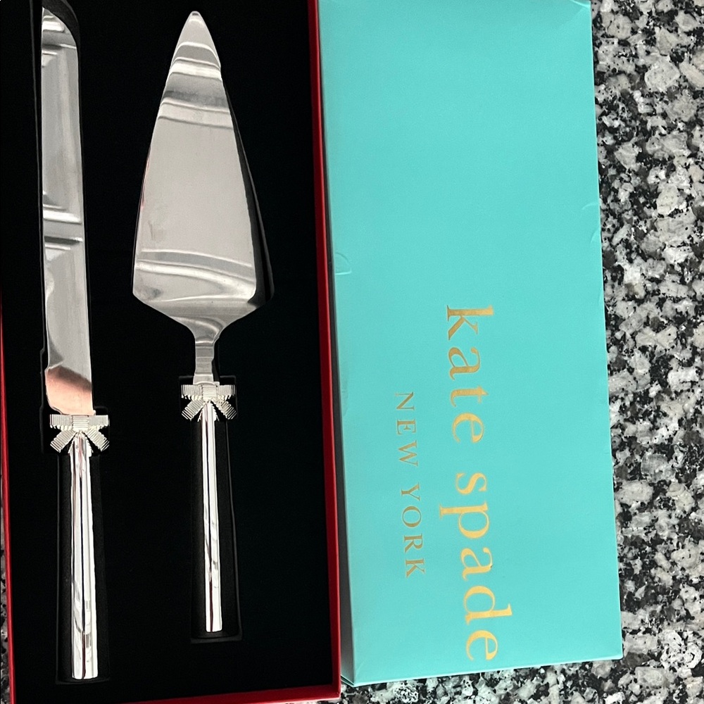 Kate Spade Silver Cake Knife and Server Set with Bow Detail